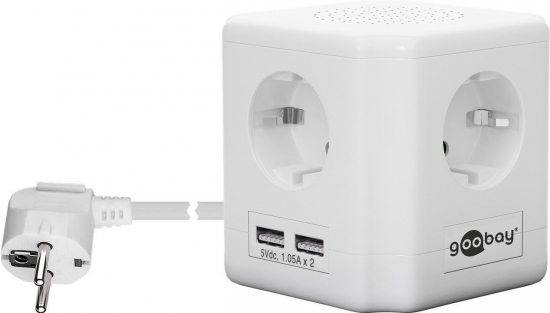 4-fach Steckdosenwürfel mit Schalter und 2 USB Ports (2,1A), weiß, 1,5m