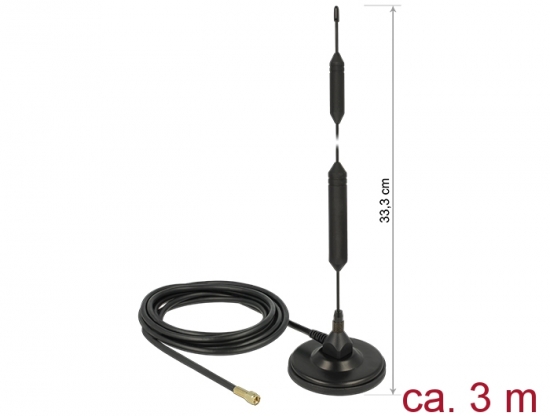GSM Antenne SMA Stecker 5 dBi starr omnidirektional mit magnetischem Standfu und Anschlusskabel (RG-58, 3 m) outdoor schwarz
