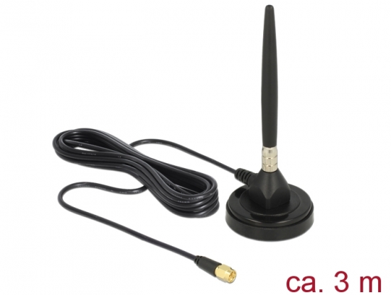 GSM Antenne SMA Stecker 3 dBi starr omnidirektional mit magnetischem Standfu und Anschlusskabel (RG-174, 3 m) outdoor schwarz