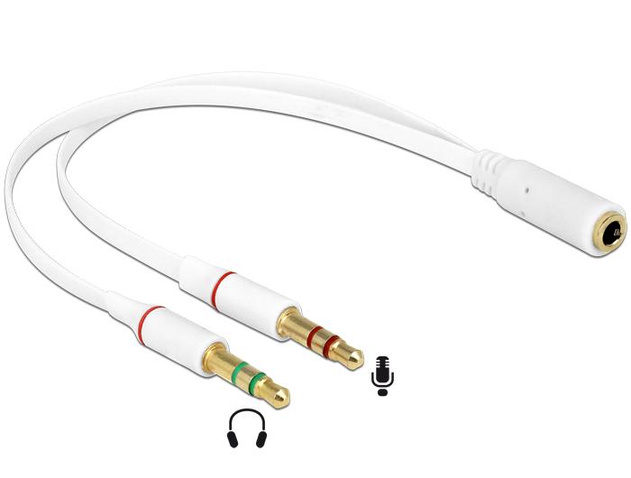 Headset Adapterkabel 4 polige 3,5mm Klinkenbuchse - 2x 3,5mm Klinkenstecker weiß / Flachkabel