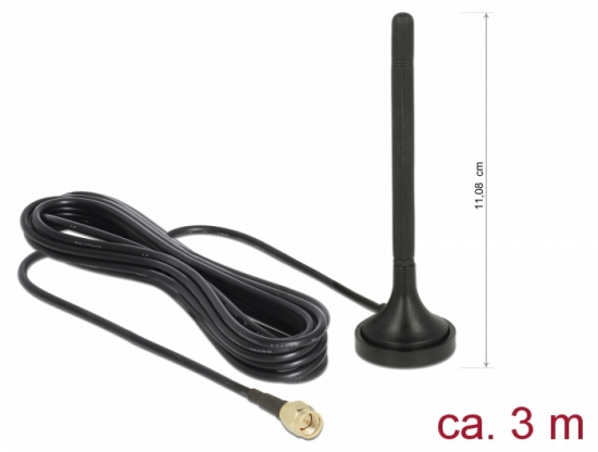 LTE Antenne SMA Stecker 2 dBi starr omnidirektional mit magnetischem Standfu und Anschlusskabel RG-174 3 m outdoor schwarz