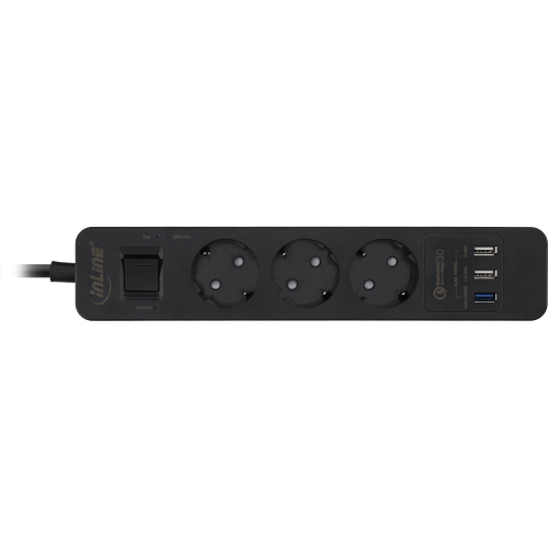 3-fach Steckdosenleiste mit Schalter, Überspannungsschutz und 3 USB Ports (QuickCharge 3.0, 1A, 2,4A), schwarz, 1,5m