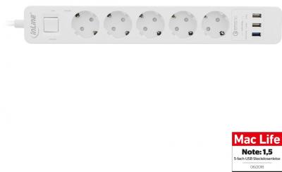 5-fach Steckdosenleiste mit Schalter, Überspannungsschutz und 3 USB Ports (QuickCharge 3.0, 1A, 2,4A), weiß, 1,5m