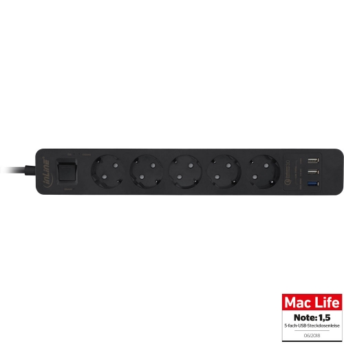 5-fach Steckdosenleiste mit Schalter, Überspannungsschutz und 3 USB Ports (QuickCharge 3.0, 1A, 2,4A), schwarz, 1,5m