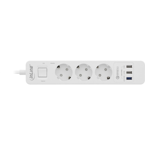 3-fach Steckdosenleiste mit Schalter, Überspannungsschutz und 3 USB Ports (QuickCharge 3.0, 1A, 2,4A), weiß, 1,5m