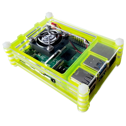Gehuse fr Raspberry Pi 4 mit Lfter, stackable, transparent/toxic green